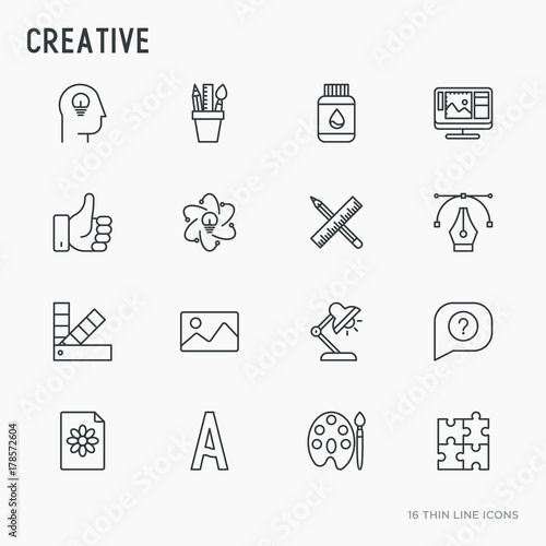 Creative thin line icons set: idea, puzzle, color palette, brushes, creative vision, development design. Vector illustration.