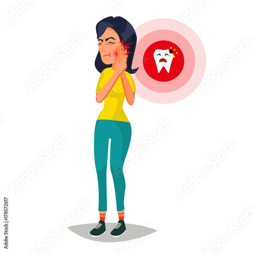 Toothache Concept Vector. Unhappy Woman With Ache. Pain In The Human Body. Flat Cartoon Illustration