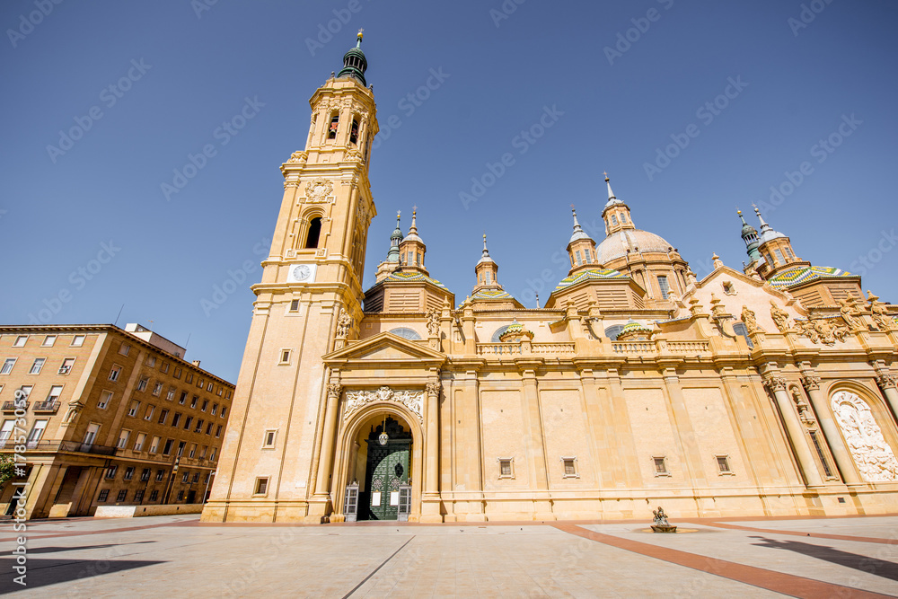 View on the cathedral of Our Lady of the Pillar in the centre of Zaragoza city during the sunny day in Spain
