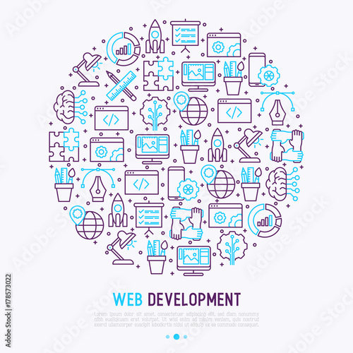 Web development concept in circle with thin line icons of programming, graphic design, mobile app, strategy, artificial intelligence, optimization, analytics. Vector illustration for web page.