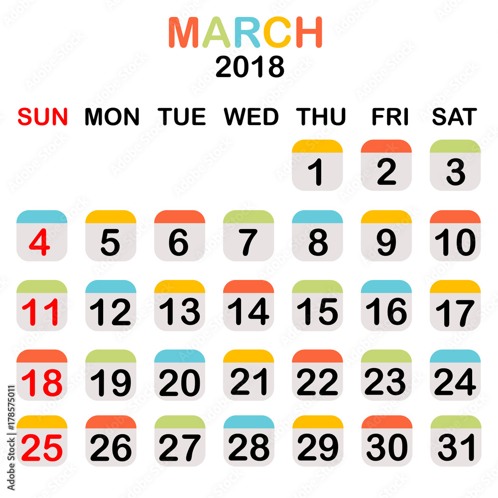 Colored March 2018 calendar Colored March 2018 calendar