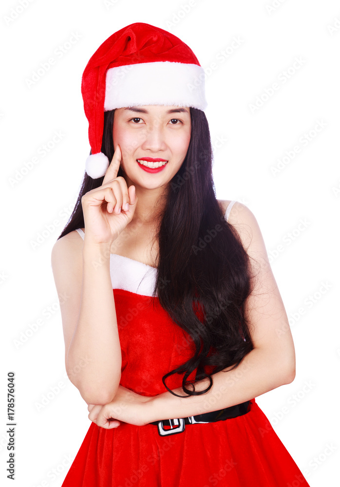 woman thinking in Santa Claus clothes isolated on white background woman thinking in Santa Claus clothes isolated on white background