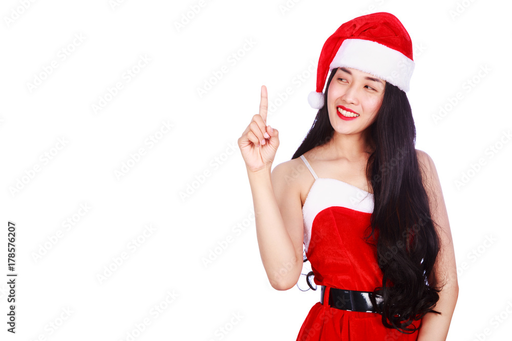 woman thinking in Santa Claus clothes isolated on white background woman thinking in Santa Claus clothes isolated on white background