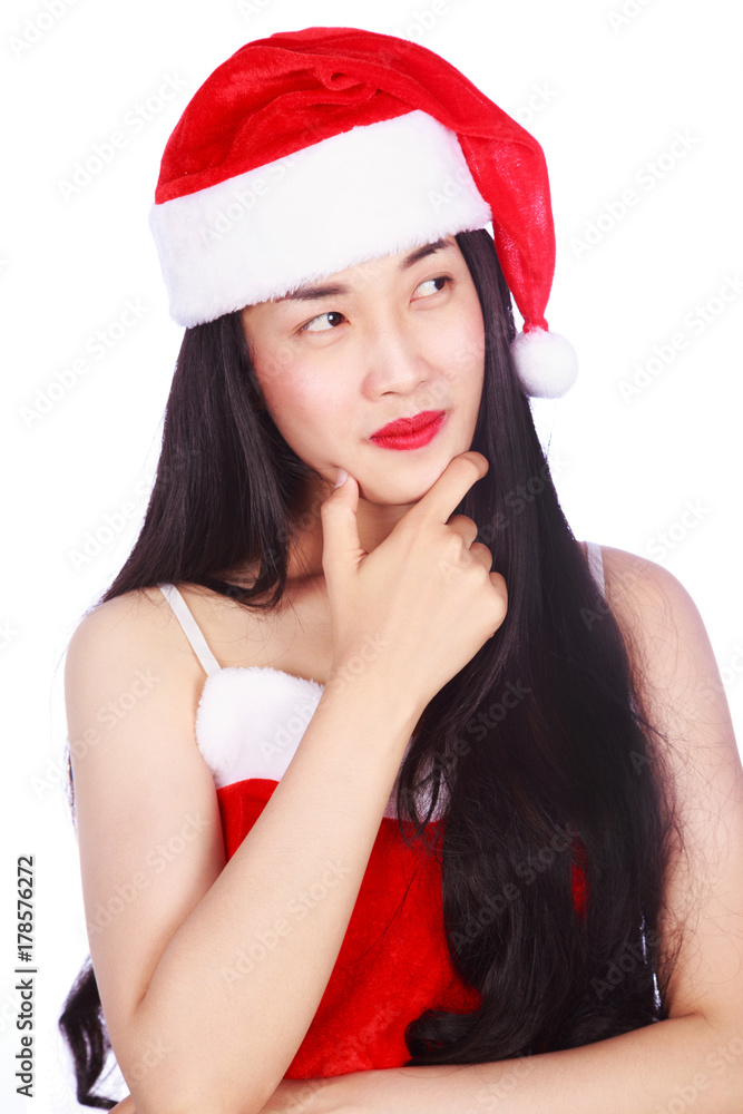 woman thinking in Santa Claus clothes isolated on white background woman thinking in Santa Claus clothes isolated on white background