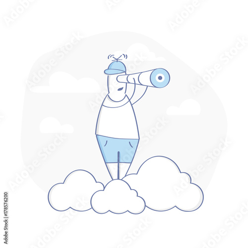 Search for ideas outline infographic illustration. Symbol of Solution, Idea Search, Research. Cute cartoon researcher with a telescope on the cloud. Modern isolated vector icon.