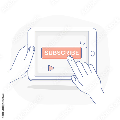 Subscribe button on tablet display. Subscription promotion button on video streaming page with cursor. Flat outline vector icon illustration, UX UI modern design element for design. photo