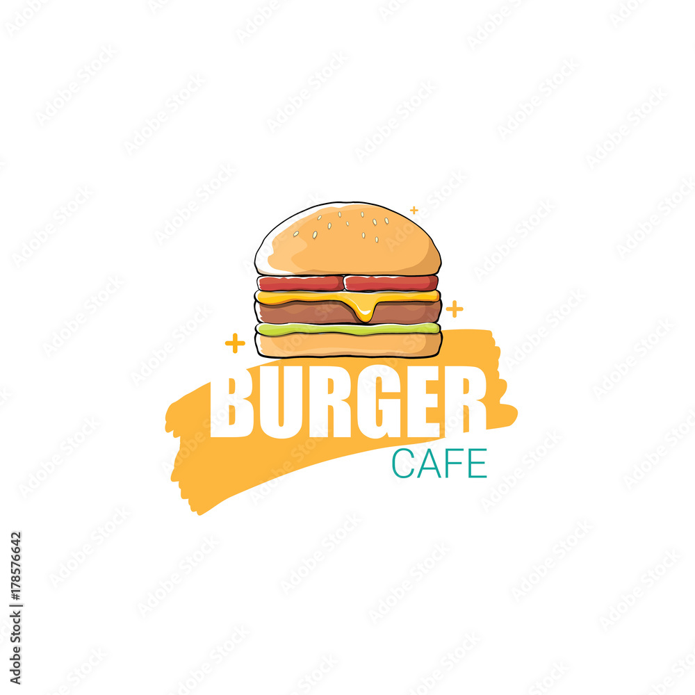 vector cartoon burger cafe logo design template with hamburger . label design element or burger house logo vector cartoon burger cafe logo design template with hamburger . label design element or burger house logo