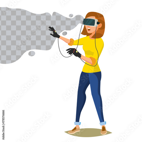 3d Reality Simulation Vector. Having A Good Time With Wearing Virtual Reality Device. Enjoying VR Device. New Virtual Technologies. Cartoon Character Illustration
