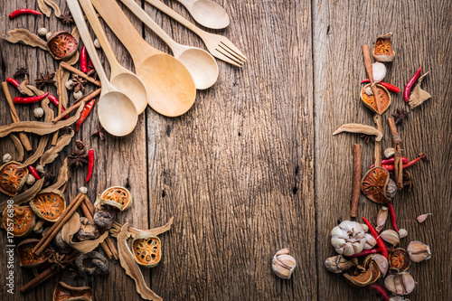 wooden spoon with asian herb ingredient on wooden floor with free copyspace for your text ideas food concept