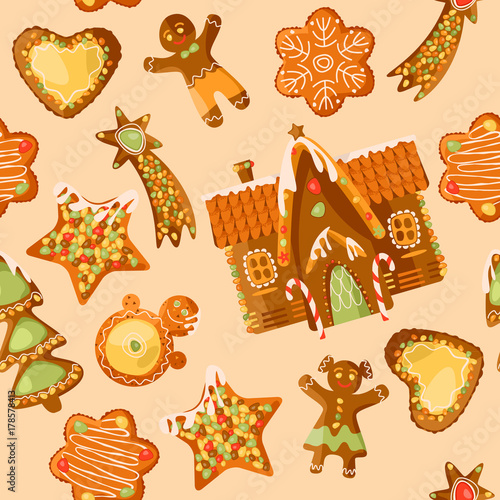 Gingerbread house and festive Gingerbread Cookies. Christmas tradition. Seamless background pattern.