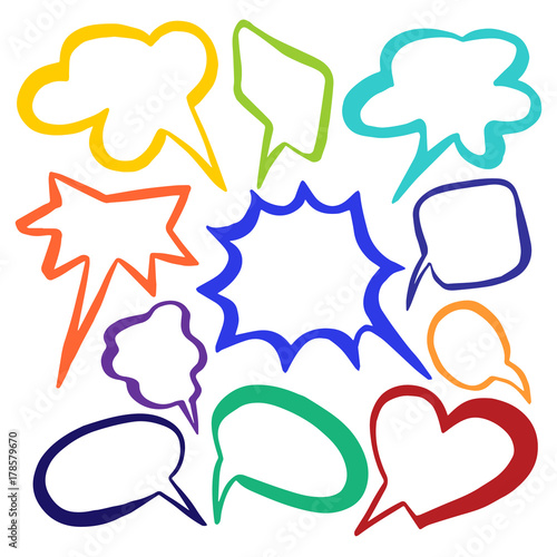 Set of color cloud speech bubble with place for text. Collection on white background. Vector sketch.