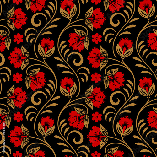 Floral seamless pattern in traditional russian style. Khokhloma painting. Vector Illustration