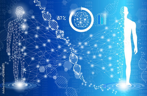 abstract background science and technology concept in blue light,human body heal,technology modern medical science in future and global international medical with tests analysis clone DNA human