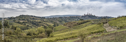 Beautiful hills with vineyards in Tuscany with town San Gimignano in Italy