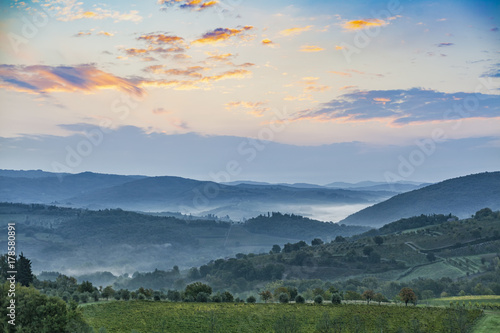 Beautiful sunrise with some fog between the hills with vineyards in Tuscany in Italy