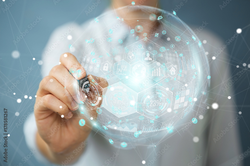 Businesswoman using holograms datas digital sphere with a pen 3D rendering Businesswoman using holograms datas digital sphere with a pen 3D rendering
