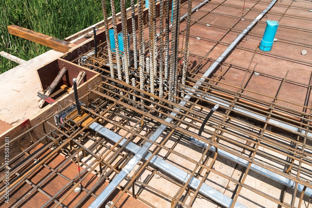 Steel rebar reinforcement in post tension slab concrete in civil