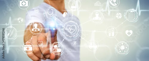 Obraz Biznesmen używa cyfrowego medycznego interfejsu 3D rendering