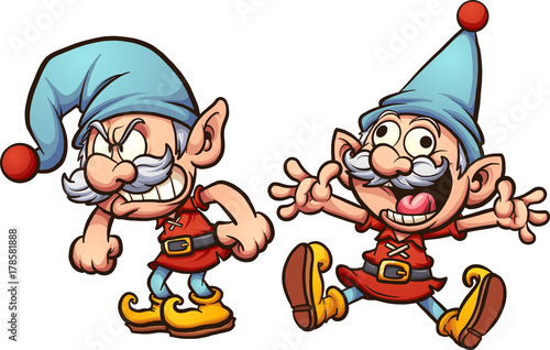 Angry and happy christmas elf. Vector clip art illustration with simple gradients. Each on a separate layer. 