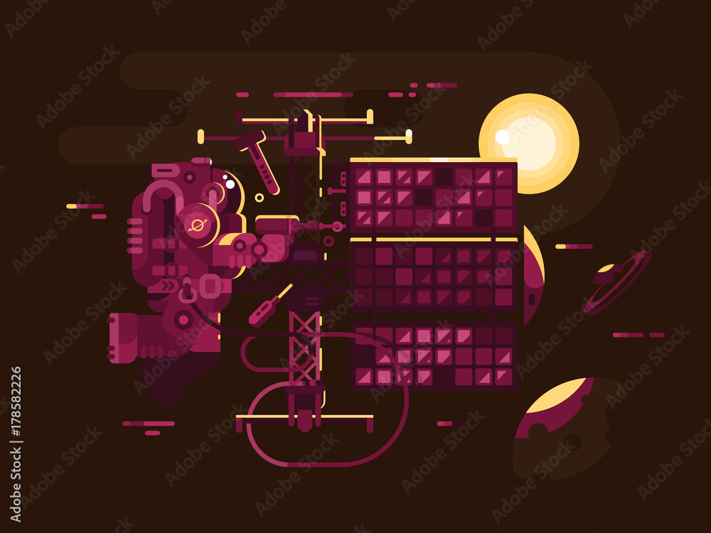 Naklejka premium Astronaut repairing spaceship in open space