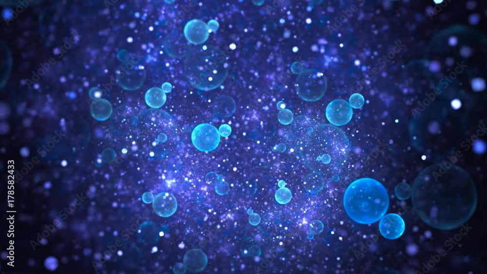 Abstract flying transparent blue bubbles on black background. Shallow depth of field. Fantasy fractal animation. Abstract flying transparent blue bubbles on black background. Shallow depth of field. Fantasy fractal animation.