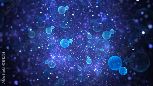 Abstract flying transparent blue bubbles on black background. Shallow depth of field. Fantasy fractal animation.
