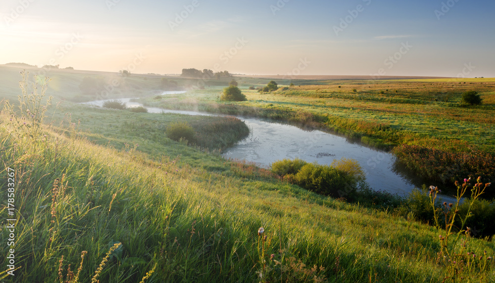 Foggy summer landscape.River Upa in Tula region,Russia. 
