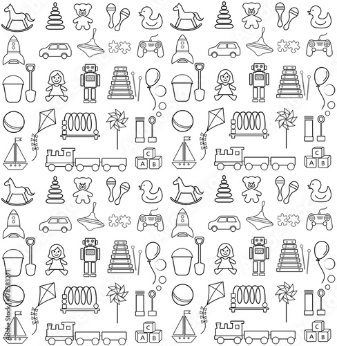 Set of contour icons and pattern on children's theme