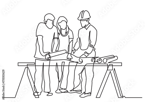 continuous line drawing of - couple discussing costruction plan with developer