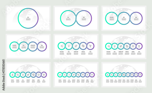 Business infographics. Presentations with 1, 2, 3, 4, 5, 6, 7, 8, 9 circles, options. Vector templates.