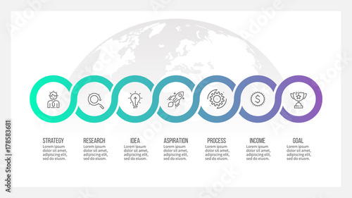 Business process. Timeline infographics with 7 options, circles. Vector template.