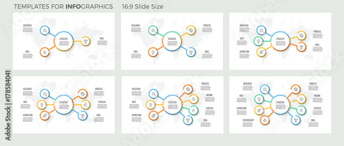 Business infographics. Organization charts with 3, 4, 5, 6, 7, 8 options. Vector templates.