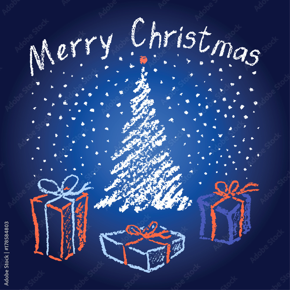 Christmas hand drawing background on blue dark and light. Falling  snowflackes with christmas tree and box gift present. Crayon or pastel line  drawn holiday vector snow copy space. Stock Vector | Adobe