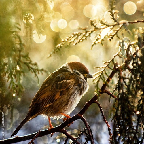 Sparrow sitting on a branch on a beautiful background photo