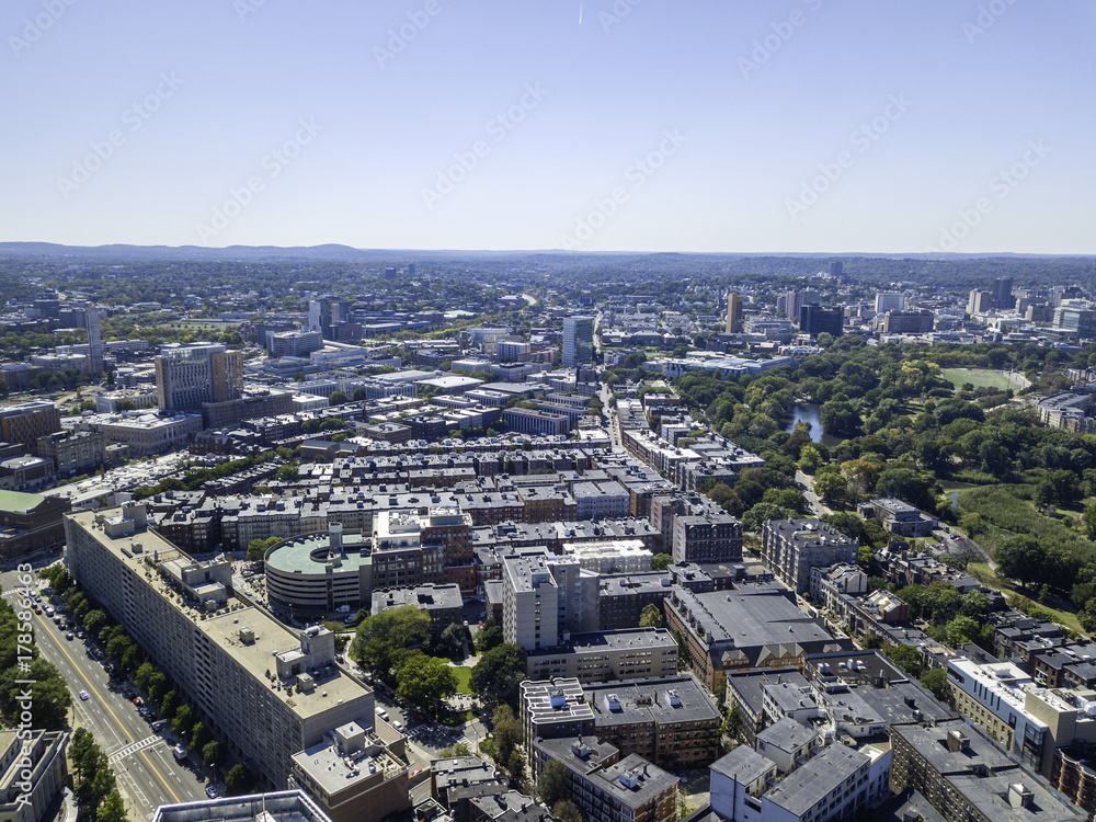Obraz premium Boston, Massachusetts, USA city skyline aerial panorama view with urban buildings midtown 