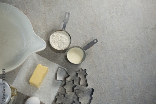 Overhead view of pastry cutters with ingredients