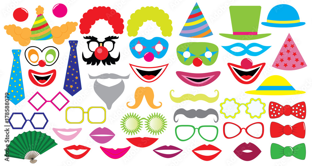 Birthday party set. Clown, hat, cap, glasses, lips, mustaches, tie and etc., icons. Birthday party set. Clown, hat, cap, glasses, lips, mustaches, tie and etc., icons.