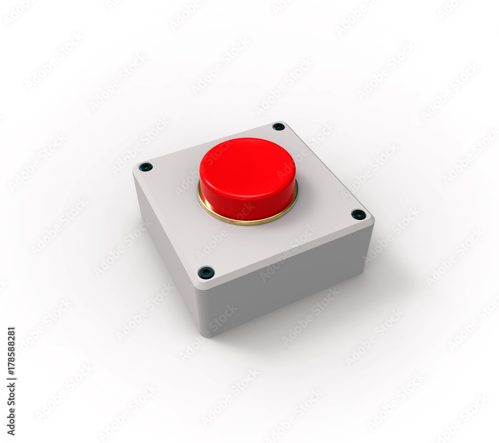 Red button, on the base, isolated on white, 3D rendering. Red button, on the base, isolated on white, 3D rendering.
