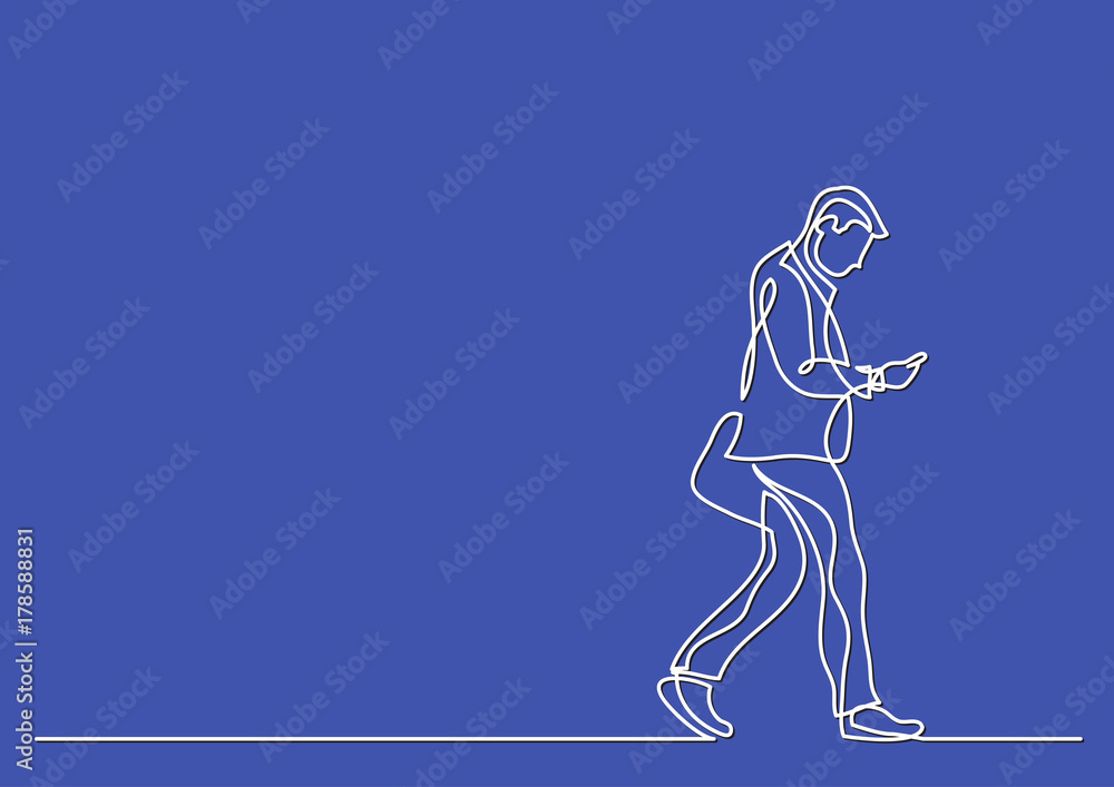 one line drawing of man walking with a phone
