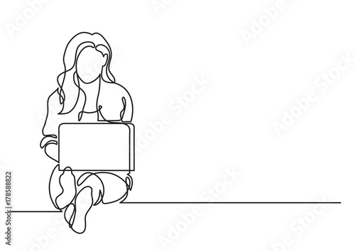one line drawing of a woman sitting with laptop computer