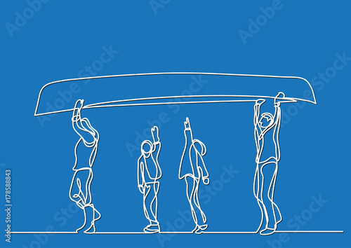 one line drawing of family carrying kayak