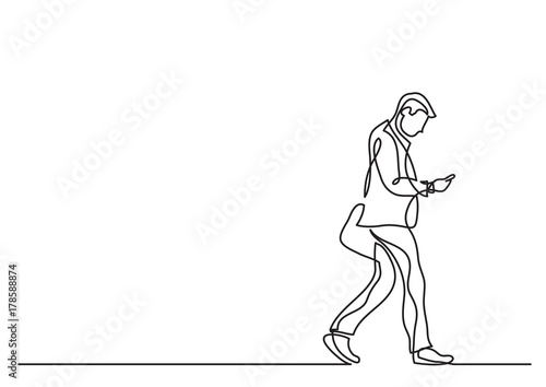 one line drawing of man walking with a phone