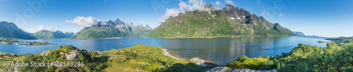 View from the viewing point in Austnesfjorden rest area, Lofoten, Norway. Panorama