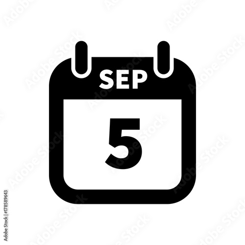 Simple black calendar icon with 5 september date isolated on white