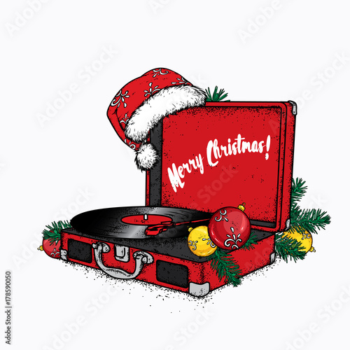 A vintage turntable with a Christmas hat, branches of a Christmas tree and balls. Vector illustration. New Year's and Christmas. A musical plate and a gramophone.