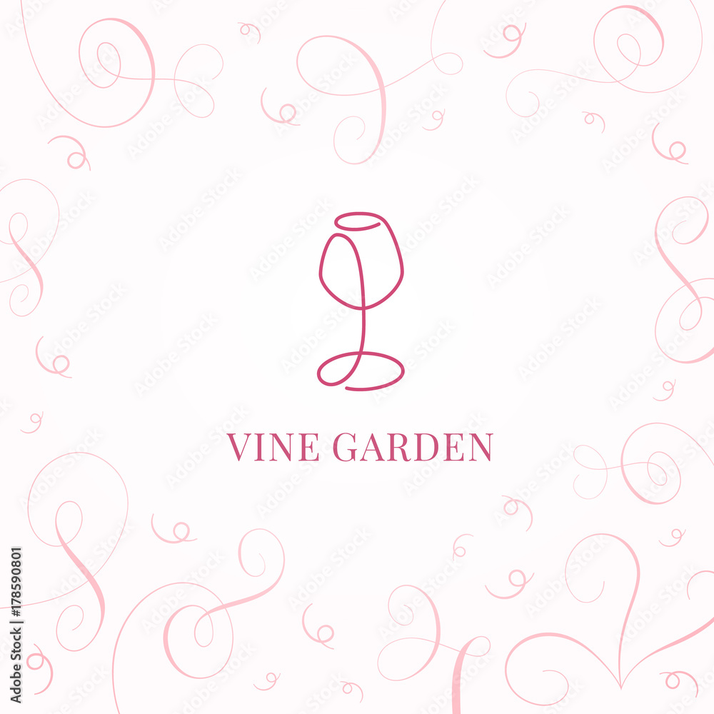 Wine Garden vector logo in linear style. Wineglass symbol and inscription