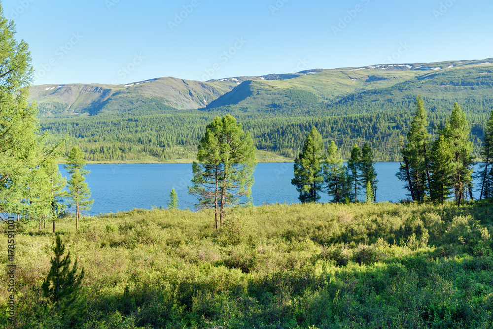 Taldukel lake in valley on plateau. Altai Republic. Russia