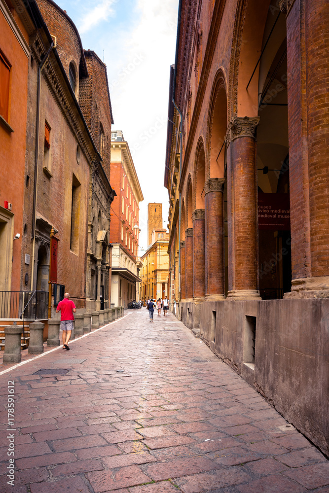 Old buildings on a street of Bologna, Emilia-Romagna, Italy