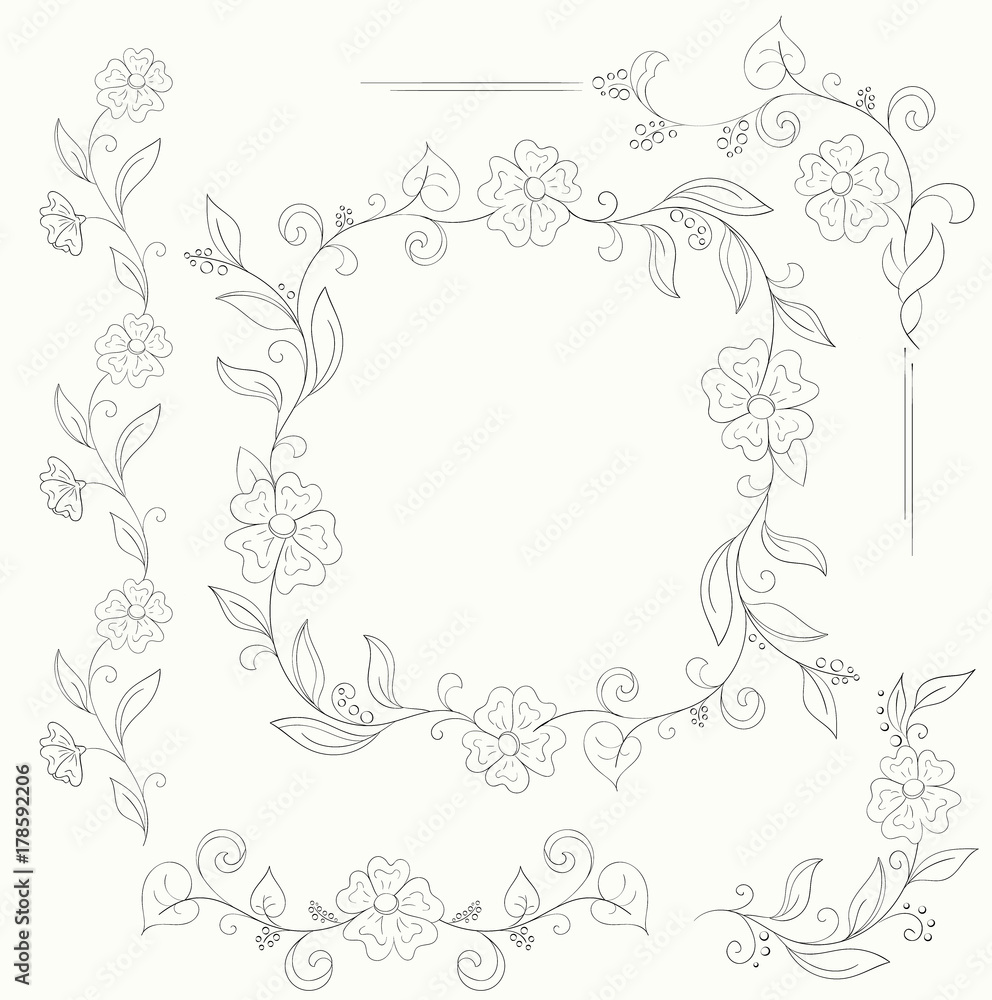 set of floral design elements hand-drawn for coloring book