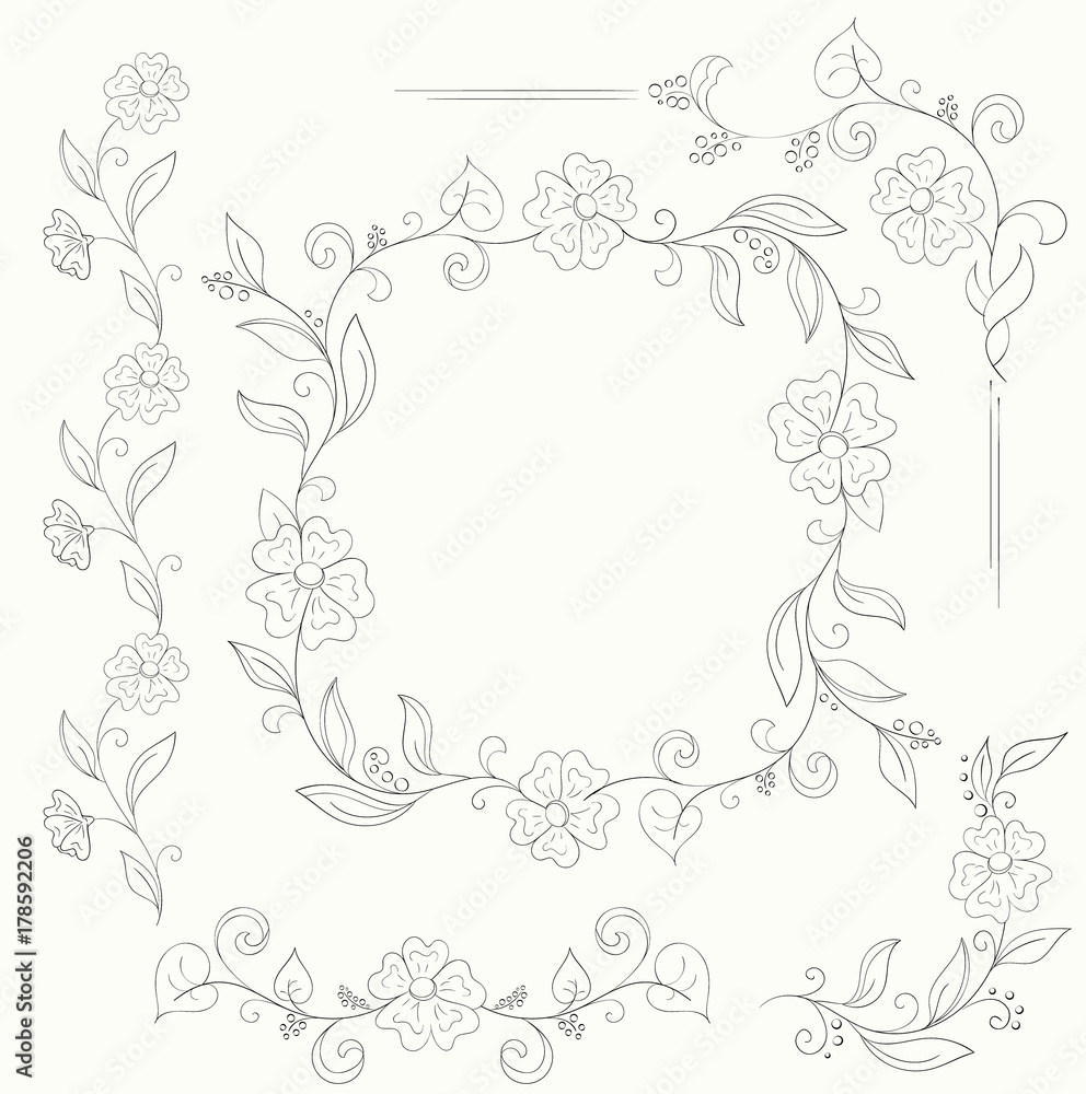 set of floral design elements hand-drawn for coloring book set of floral design elements hand-drawn for coloring book